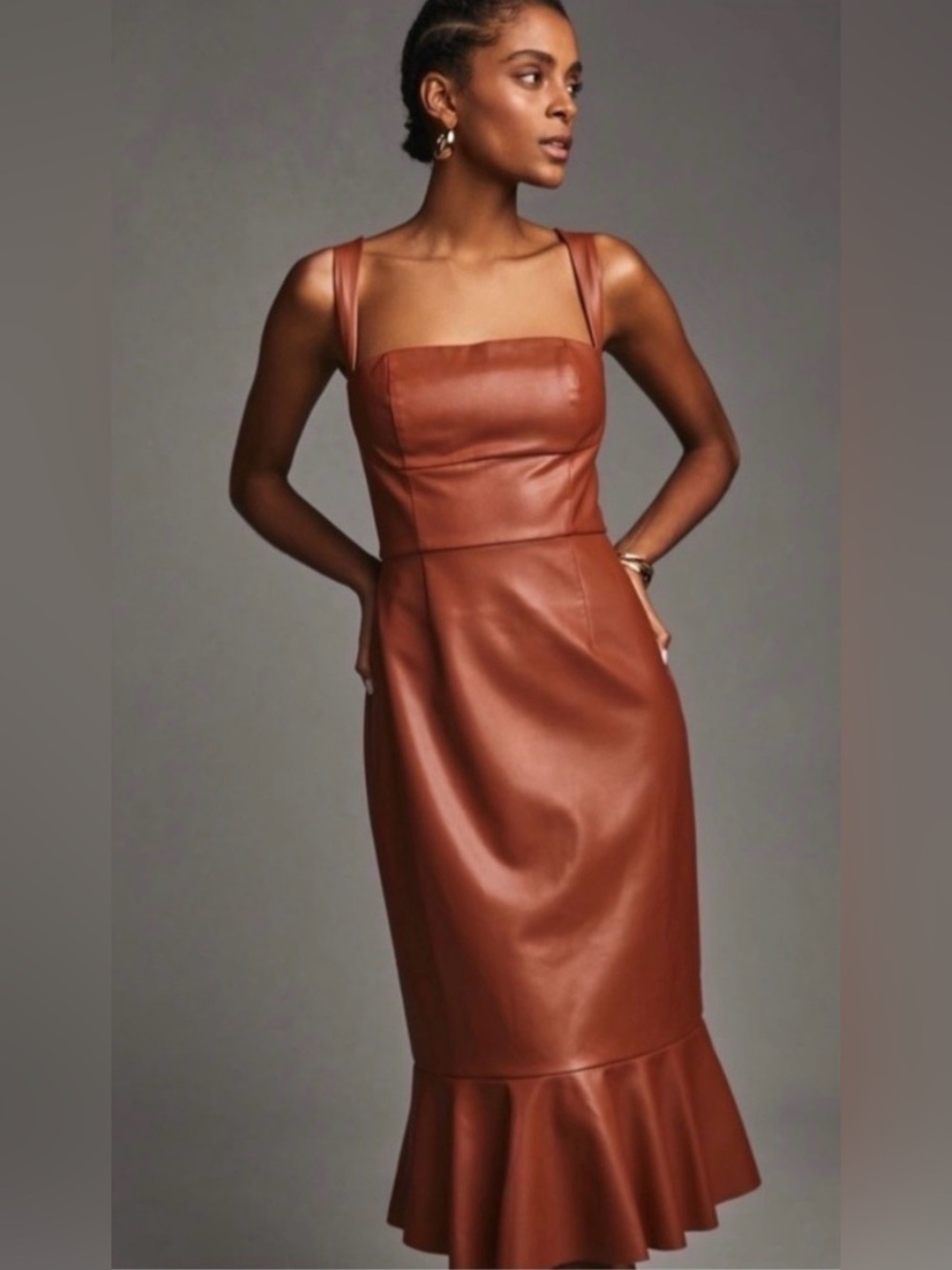 HUTCH | NWT Anthropologie Square-Neck Faux Leather Dress in Cedar, Size 6